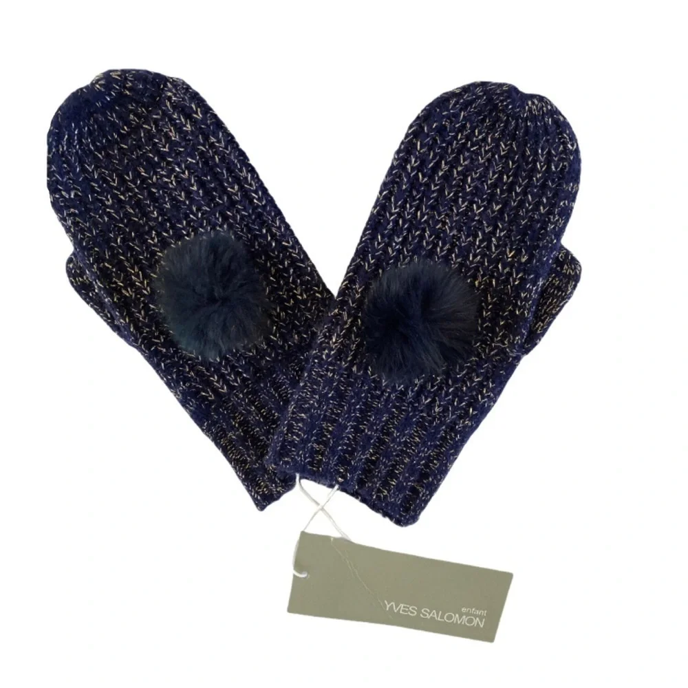 Yves Salomon Enfant Rex Rabbit Fur Pom Metallic Knit Mittens NWT Made in France